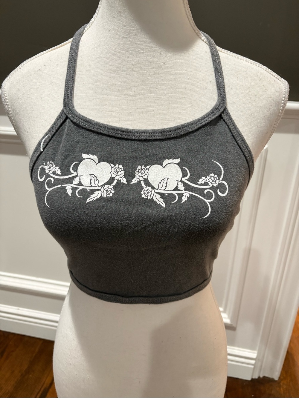 Hard Tail Charcoal Halter Crop Top with White Floral Heart Motif